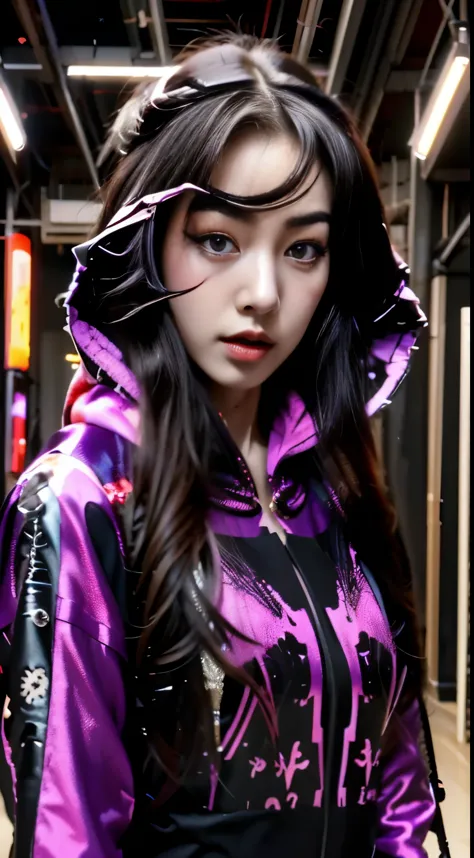 derpd, lethal geisha cyborg assassin wearing hooded purple kimono & armor, futuristic ski sunglasses, danger, red-yellow sky, po...