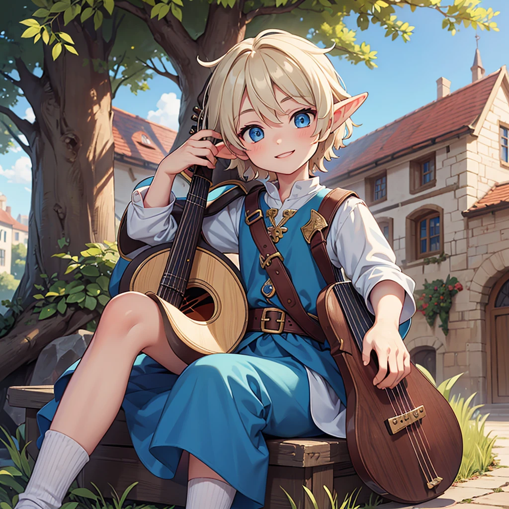 Beautiful, high quality, a  elf boy, twink body, blue eyes, cute face, messy hair, smiling, wearing a medieval boy style clothes, playing a lute, sit under the tree in a medieval city