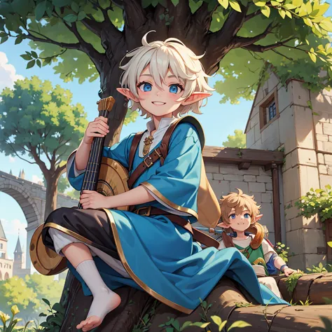 beautiful, high quality, a 11 years old elf boy, twink body, blue eyes, cute face, messy hair, smiling, wearing a medieval boy s...