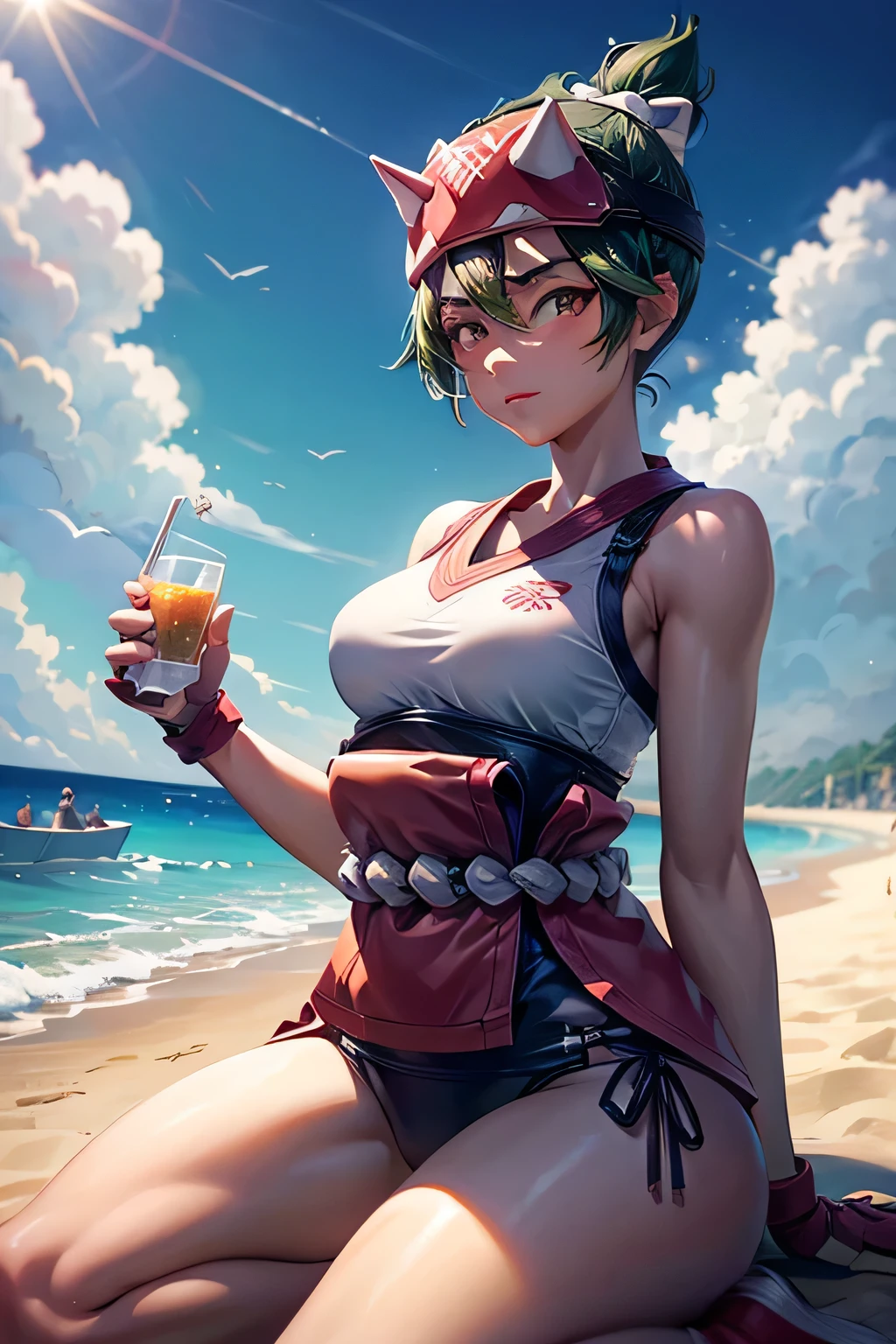 kiriko overwatch, 1 girl, short dark green hair, high ponytail, life guard, swim suit, beach, small breasts, thighs, sitting, kneeling