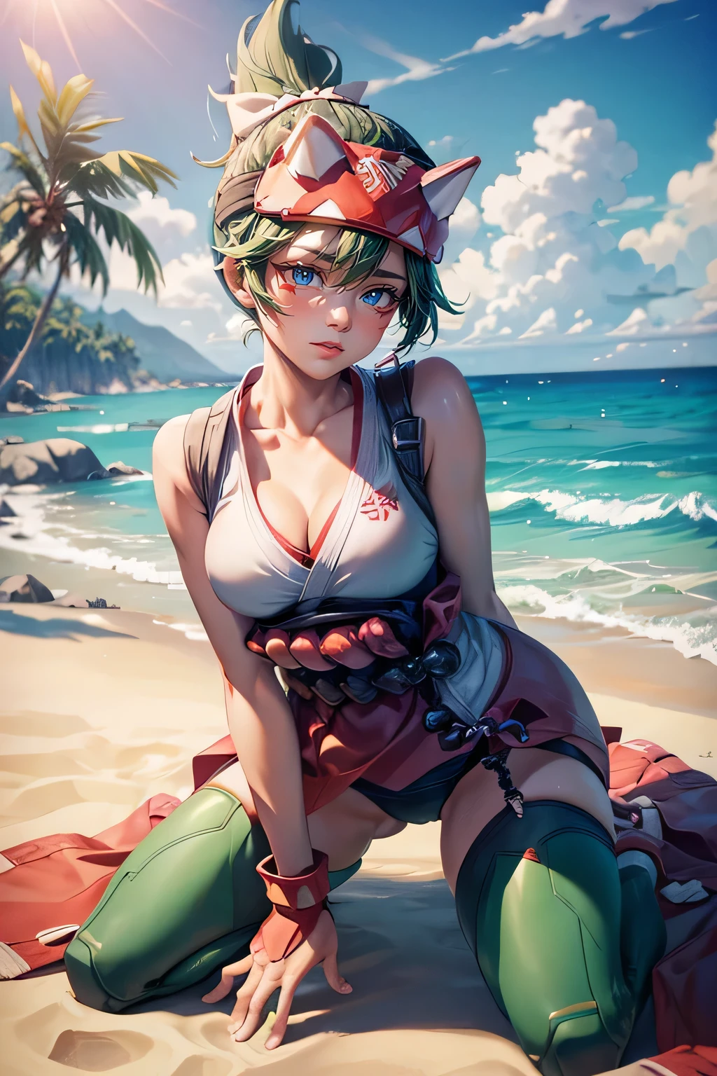 kiriko overwatch, 1 girl, short dark green hair, high ponytail, life guard, swim suit, beach, small breasts, thighs, sitting, kneeling