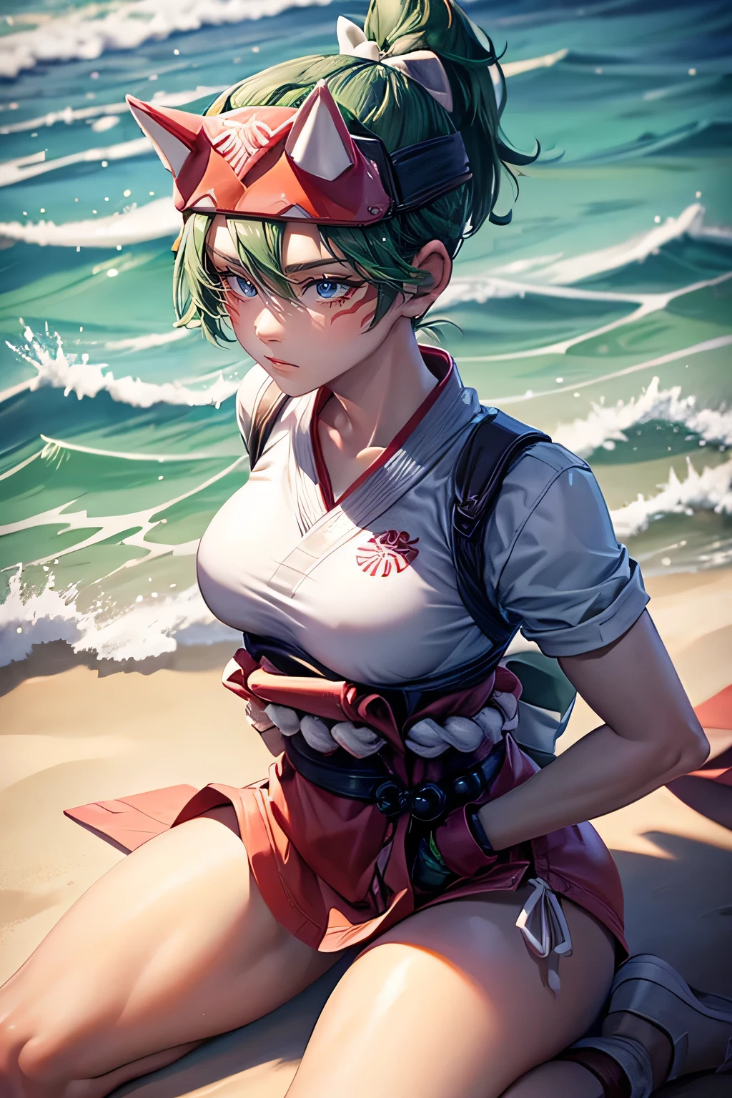 Kiriko Overwatch, 1 fille, cheveux courts vert foncé, Queue de cheval haute, Maître nageur, maillot de bain, plage, Petits seins, Cuisses, Séance, a genou