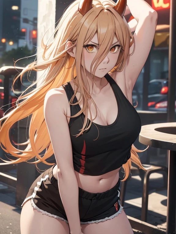 force, anime chainsaw, long yellow hair, red horns, strip bar location, (black tank top), (black running shorts), leans forward, hands on thighs, Close-up