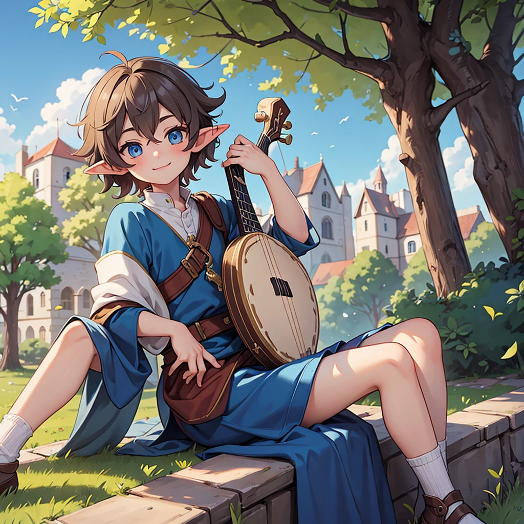 Beautiful, high quality, a 11 years old elf boy, twink body, blue eyes, cute face, messy hair, smiling, wearing a medieval boy style clothes, playing a lute, sit under the tree in a medieval city