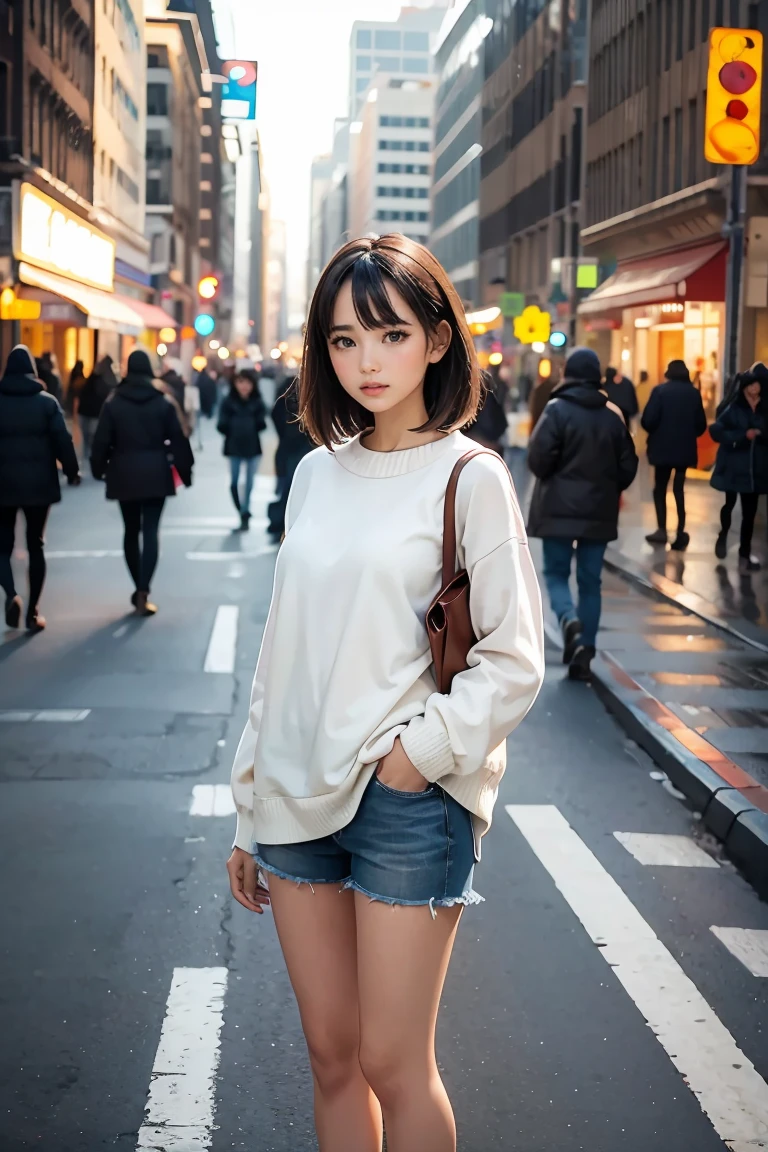 A young woman standing on the street, blur background, beatiful, photorealistic