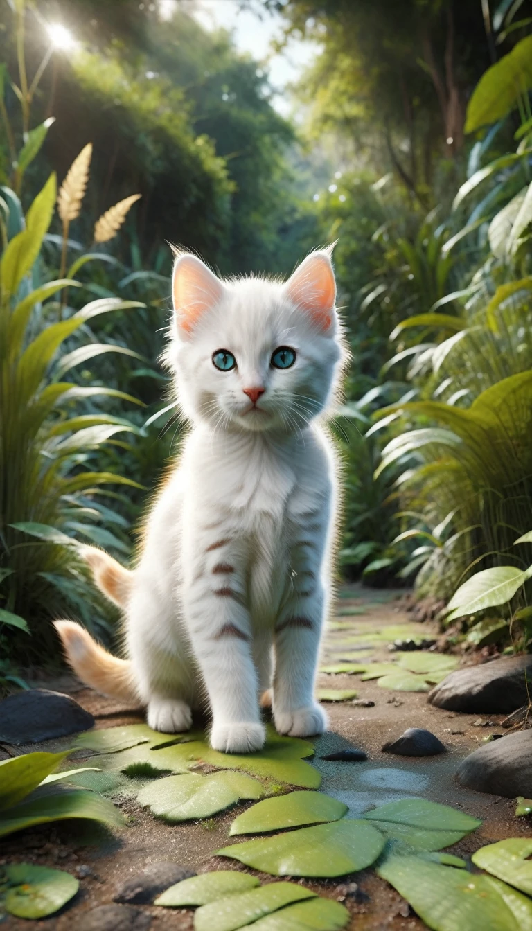 Moustaches un chaton (le tigré orange aux yeux vert vif)se faufile à travers un fourré et repère la fourrure noire et blanche distinctive de Midnight( le chaton noir élégant aux yeux jaunes perçants) et flocon de neige(le chaton blanc moelleux aux yeux bleus). Ses yeux verts brillent de joie. La jungle qui les entoure est dense mais légèrement plus lumineuse à mesure qu&#39;ils se rapprochent..