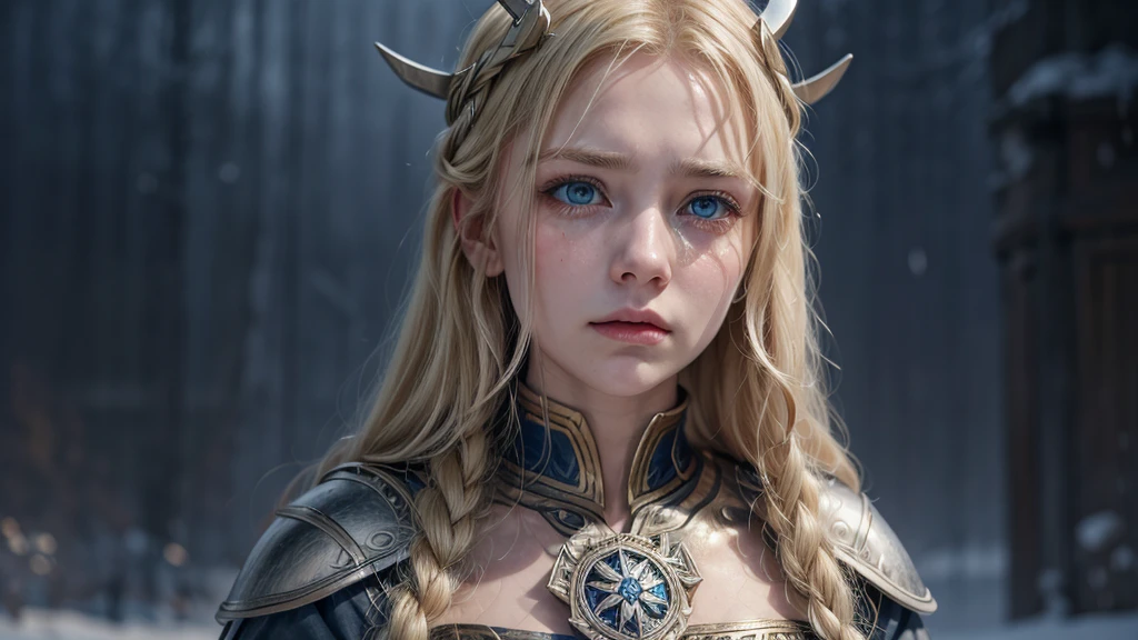 Mulher viking, snow falling outside, your straight blonde hair. Expression is a mixture of sadness and determination. Deep blue eyes. Tears join the cold raindrops on your cheeks. Arrogant posture. Golden hair over the shoulders.