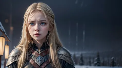 mulher viking, snow falling outside, your straight blonde hair. expression is a mixture of sadness and determination. deep blue ...