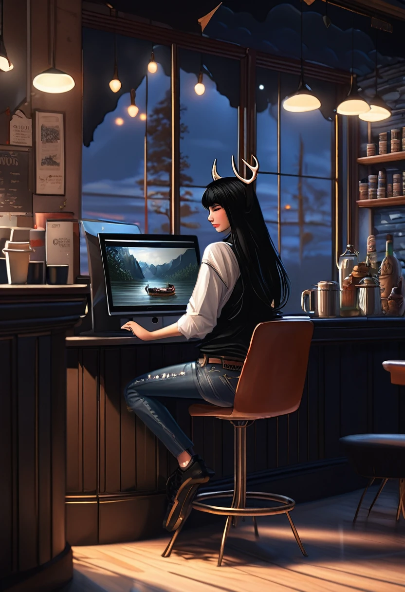 (best qualityer, masterpiece1.2), 1 girl, standing alone, antrum, cally3d, (black body), ink black body, in a coffee shop, sitting at the computer, lateral view, on chair, facing the computer, (darling ink), Bblack hair, antlers, black antlers, sharped teeth, regatta, (shorts jeans), Woman, eyes black, (no pupils), white face, sensuous, detailded, extreme detail, perfect lighting, 4K, cloused mouth, devil&#39;s tail, surprised expression,