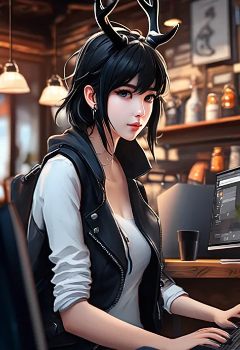 (best qualityer, masterpiece1.2), 1 girl, standing alone, antrum, cally3d, (black body), ink black body, in a coffee shop, sitti...