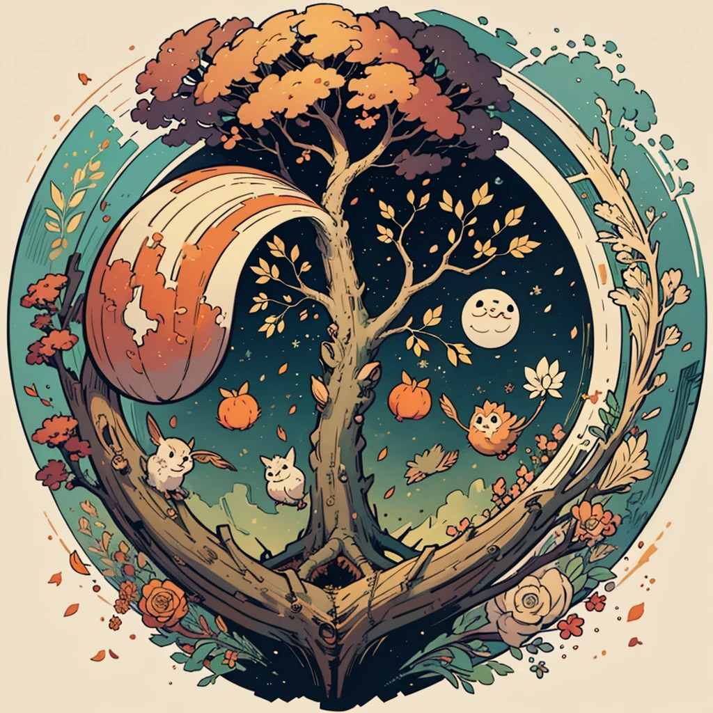 circular tree,four seasons,spring,summer,autumn,winter,leaves,roots,branches,trunk,ornate border,decorative,digital illustration,artwork,movement,time,swirling background,dark background,vibrant colors,natural,life cycle,growth,change,nature,life,peace,harmony,spirituality,symbolism,digital art,illustration,painting,graphic design,art,design,digital media,online art,visual art,fine art,fantasy