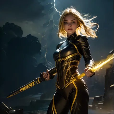 a powerful thunder ranger with a beautiful face, small breasts, wearing a tight suit, with yellow hair, wielding alien weapons, ...