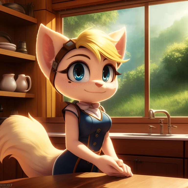 minerva, medium breast,
(detailed blonde hair:1.4), (detailed perfect eyes:1.2), white fur, (detailed fluffy fur:1.2), perfect hourglass body, mink snout, (long fluffy blonde tail:1.3), beautiful black eyes, relaxed pose, looking at viewer,
(freckles:1.2), light smile,
serving coffee,
(masterpiece:1.2), (best quality:1.2), (intricate:1.2), (highly detailed:1.2), (sharp:1.2), (8k:1.2), (highres:1.2),
cinematic summer tropical lighting, vivid colors,
kitchen, wooden cabin,
window, forest, rain,
aliceinwonderlandoutfit