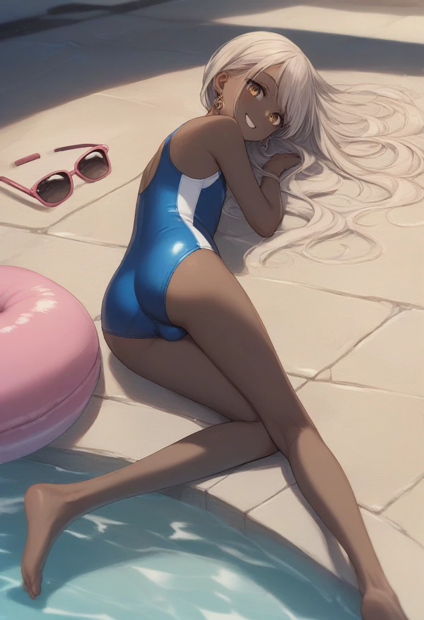 sassy, ​​childish, skinny, black skin, sissy, young boy, pink slider hairstyle, amber eyes, perky ass, earrings, sunglasses, blue sports swimsuit, bulge between his legs, excited smile, lying on a sun lounger, at the edge of the pool of ​​a mansion, ecchi anime, style Murata Range, masterpiece, cinematic, dramatic, dynamic view, full body,