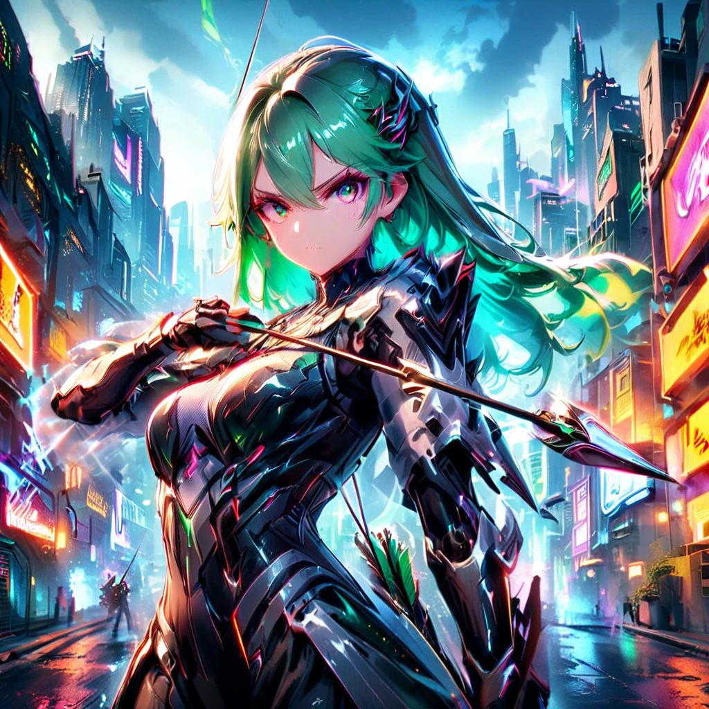 An anime girl with flowing emerald green hair，She&#39;s dressed in sleek black mech gear，In the background of the futuristic cyberpunk city。She was armed with a bow and arrow，A determined expression，Surrounded by neon lights、Cityscape with vivid colors and dramatic lighting，The overall style is full of charm and energy。
(cyberpunk:1.3) (mecha aesthetic:1.2) (anime girl:1.4), (flowing emerald green hair:1.2), (sleek black mecha armor:1.2), (futuristic cyberpunk cityscape:1.3), (high-angle shot:1.2), (gripping bow and arrow:1.3), (determined expression:1.2), (neon lights:1.3), (vivid colors:1.2), (dramatic lighting:1.2), (Konachan-style:1.1), (4K wallpaper:1.2), (captivating energy:1.2)