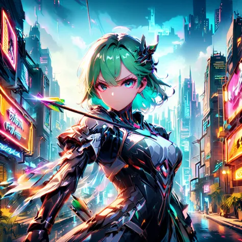 An anime girl with flowing emerald green hair，She&#39;s dressed in sleek black mech gear，In the background of the futuristic cyb...