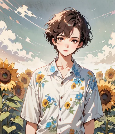Gentle expression、man、Short Hair、Sunflower field, Cartoon style character design， alone，Floral Shirt，interesting，interesting，Cle...