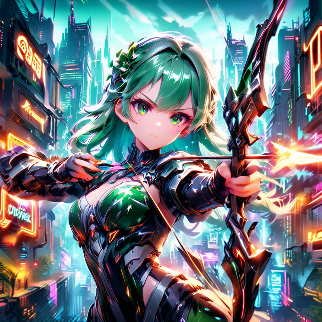 Art jade doll，An anime girl with flowing emerald green hair，She&#39;s dressed in sleek black mech gear，In the background of the futuristic cyberpunk city。She was armed with a bow and arrow，A determined expression，Surrounded by neon lights、Cityscape with vivid colors and dramatic lighting，The overall style is full of charm and energy。
(cyberpunk:1.3) (mecha aesthetic:1.2) (anime girl:1.4), (flowing emerald green hair:1.2), (sleek black mecha armor:1.2), (futuristic cyberpunk cityscape:1.3), (high-angle shot:1.2), (gripping bow and arrow:1.3), (determined expression:1.2), (neon lights:1.3), (vivid colors:1.2), (dramatic lighting:1.2), (Konachan-style:1.1), (4K wallpaper:1.2), (captivating energy:1.2)