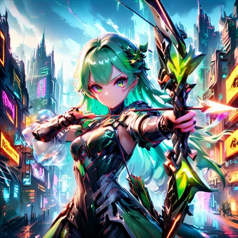 Art jade doll，An anime girl with flowing emerald green hair，She&#39;s dressed in sleek black mech gear，In the background of the ...
