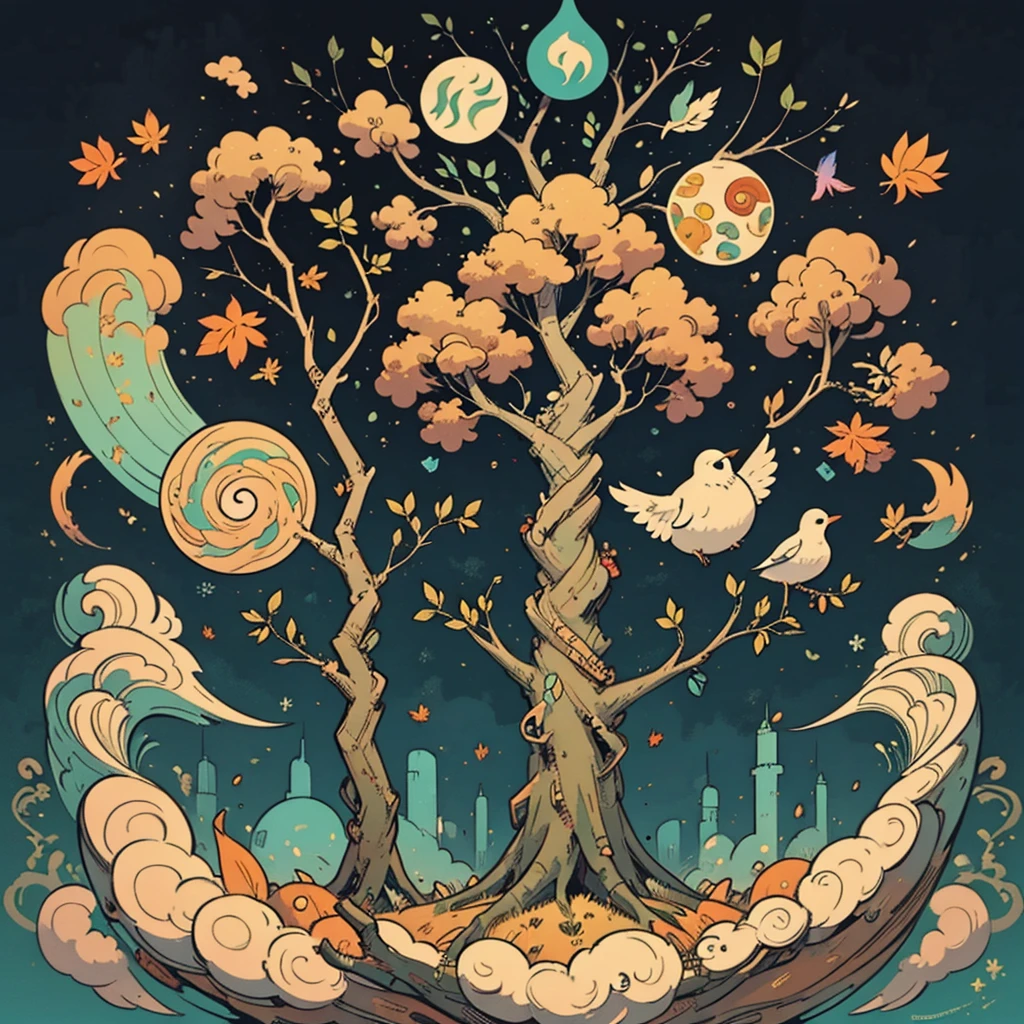 circular tree,four seasons,spring,summer,autumn,winter,leaves,roots,branches,trunk,ornate border,decorative,digital illustration,artwork,movement,time,swirling background,dark background,vibrant colors,natural,life cycle,growth,change,nature,life,peace,harmony,spirituality,symbolism,digital art,illustration,painting,graphic design,art,design,digital media,online art,visual art,fine art,fantasy