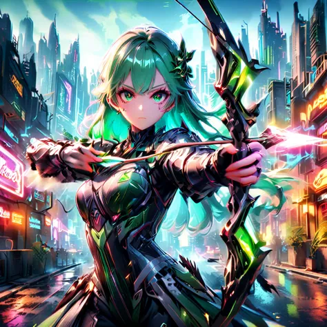 Art jade doll，An anime girl with flowing emerald green hair，She&#39;s dressed in sleek black mech gear，In the background of the ...