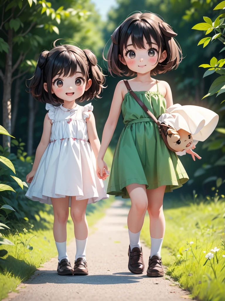 Two Girls、Very close sisters、Walk hand in hand、Having fun and being excited、They both walk with a bounce、Happy smile、A cute, cool sleeveless dress、Dogs walking side by side、(Quadrupedal Dog、Very large dog:1.4、Same height as her sister、Bushy white hairs、She is very kind and cares for her sisters.)、Nothing in my hands、Watching the audience、