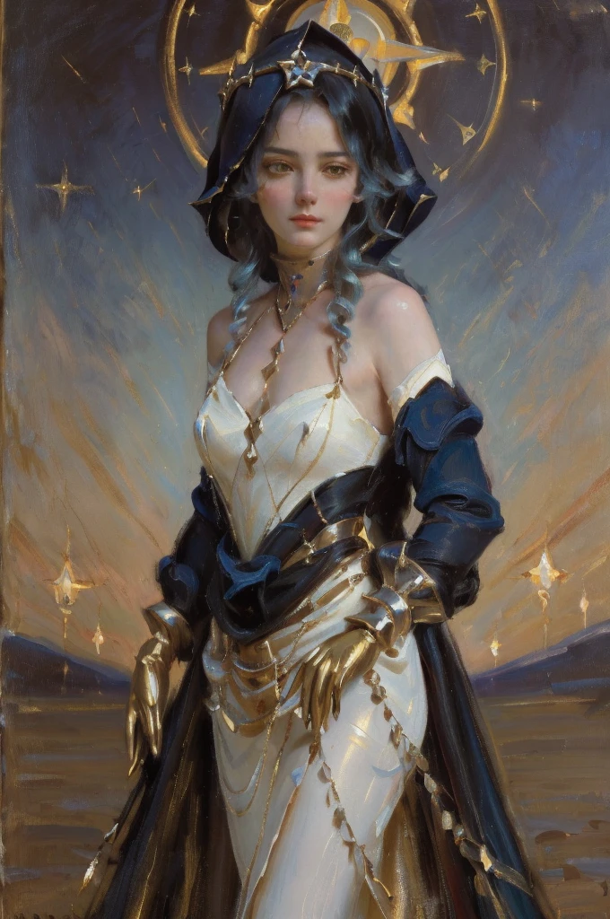 A young girl in realistic oil painting portrait of high quality and detail, Layla (Genshin Impact), Classicism, Waist, 19th century style, full-length, dark and mysterious atmosphere, pale skin, glow, eye shadow, 1girl, thriller fantasy, Depth & Perspective, sadness on her face, She has long dark blue hair with curls, amber eyes, pointed ears, She stands in the middle of the sand dunes, with the ruined temple of astrology behind her, Mystical powers, fine face, outdoors, She is wearing white tight leggings, gold high-heeled shoes, a blue hood, black gloves with metal inserts and a black cape on her shoulders. blue sky, white cloud, looking at viewer, (ultra-high detail:1.2), Masterpiece, Best Quality, Ultra-detailed, Cinematic lighting, 8K, delicate features, cinematic, 35 mm lens, f/1.9, highlight lighting, global lighting –uplight –v 4, cinematic, intense gaze, Cinematic lighting, 8K, high quality, Highest Quality, (Solo Focus), (extremly intricate:1.3), (Realistic), dramatic, masterful, Analog style, (Film grain:1.5), (warm hue, cold tone)