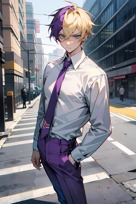 1male , Multicolored Hair , Purple Hair , Blonde Highlighted Hair , Serious Expression , Pale Green Blaze , Red Tie , Grey Pants...