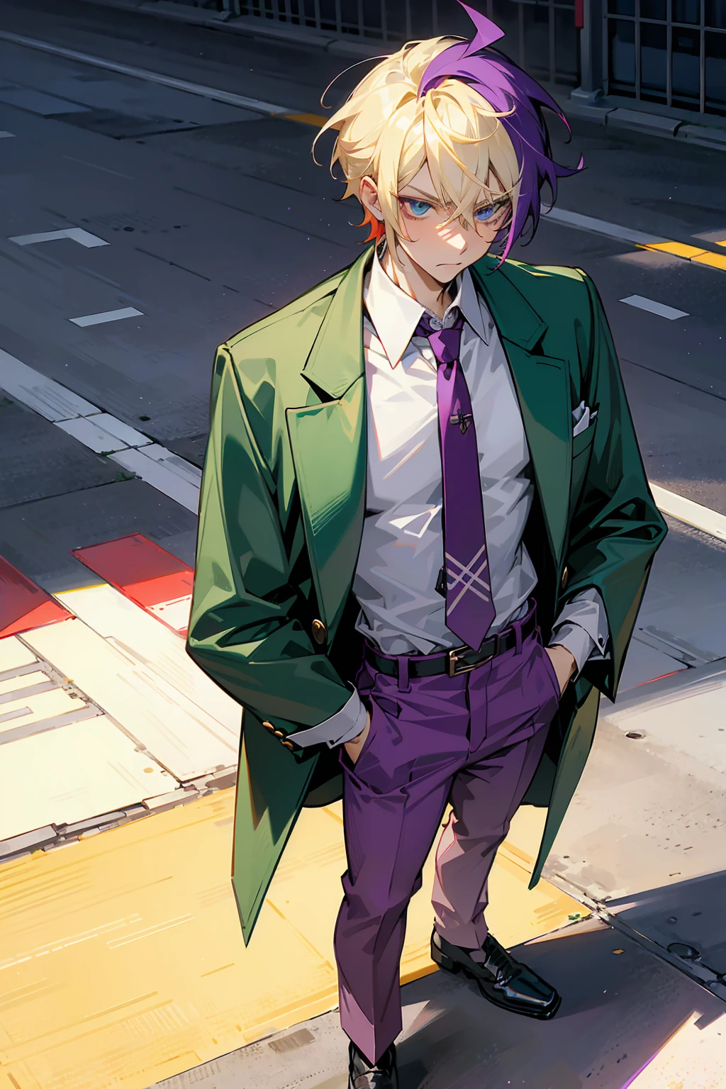 1male , Multicolored Hair , Purple Hair , Blonde Highlighted Hair , Serious Expression , Pale Green Blaze , Red Tie , Grey Pants , White Button Up Shirt , Modern city background , Standing on sidewalk , Perfect Generation