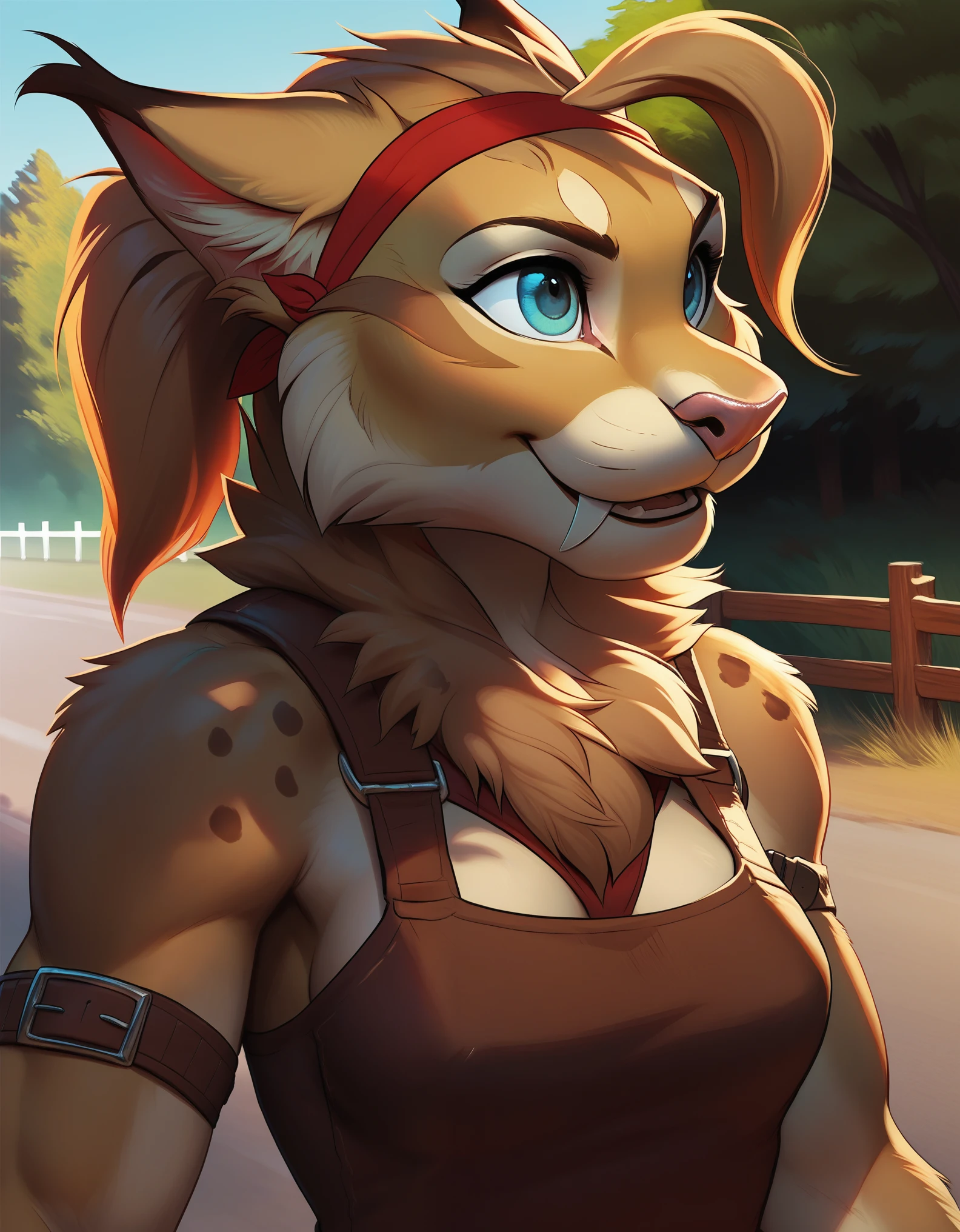 doubletroublexl, jade (kabscorner), 1girl, lynx, source_furry, realism, cowboy shot, belt across breasts, white and red shirt, headshot, upper body, face focus, solo, pulling on headband, female focus, happy, tan fur, red headband, short blond hair with fringe, white and red tank top, brown leather boob strap, thigh and arm straps, green outdoors background with trees and a wooden fence fence, clearing, road, building, detailed fur, score_9, score_8_up, score_7_up,