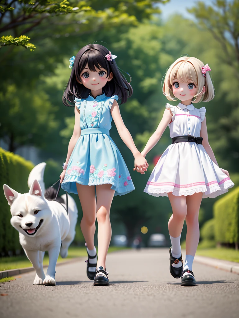 Two Girls、Very close sisters、Walk hand in hand、Having fun and being excited、They both walk with a bounce、Happy smile、A cute, cool sleeveless dress、Dogs walking side by side、(Quadrupedal Dog、Very large dog:1.4、Same height as her sister、Bushy white hairs、She is very kind and cares for her sisters.)、Nothing in my hands、Watching the audience、