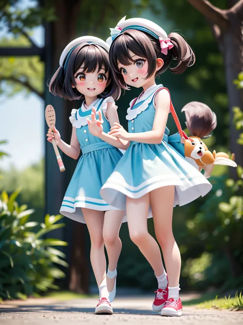 two girls、very close sisters、walk hand in hand、having fun and being excited、they both walk with a bounce、happy smile、a cute, coo...