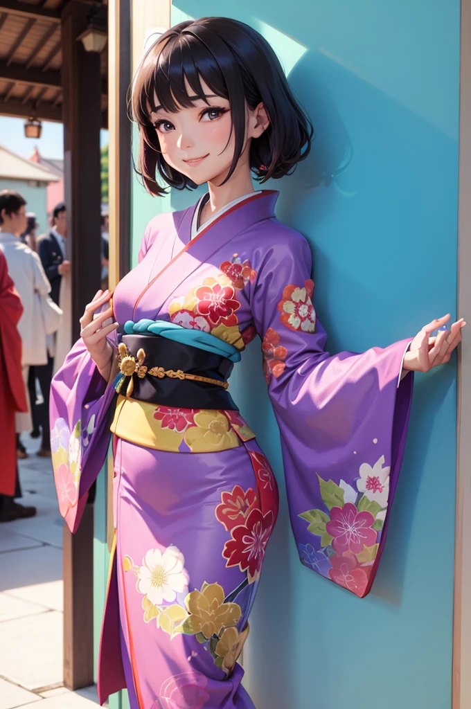 A beautiful smiling woman in a kimono greets people with a cheerful "Good morning" as her arms open under the blue sky