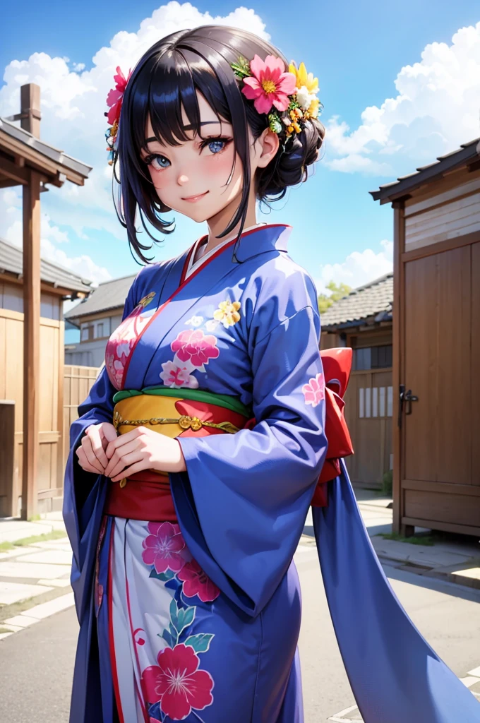 A beautiful smiling woman in a kimono greets people with a cheerful "Good morning" as her arms open under the blue sky