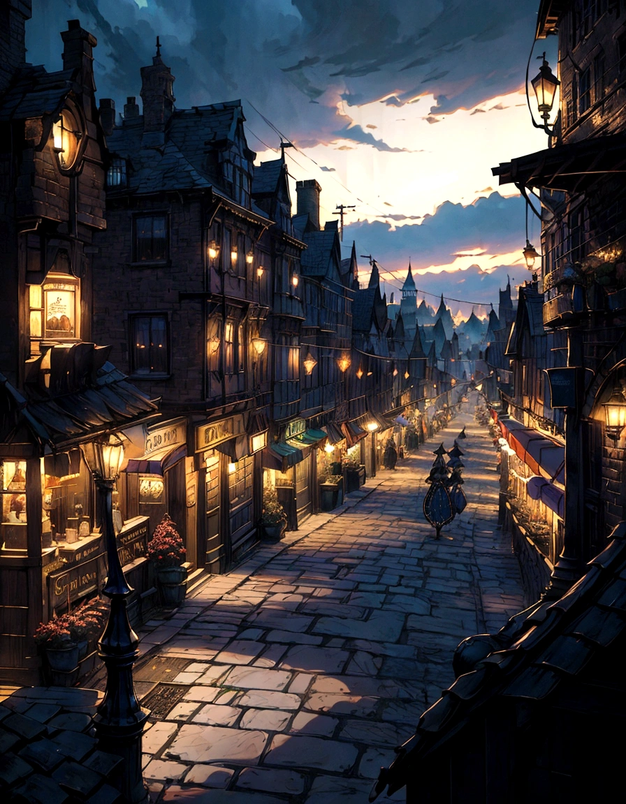 nighttime scene of a street with a restaurant and a couple of people, realistic photo of a town, victorian city, fantasy town setting, medeival fantasy town, a bustling magical town, dark fantasy setting, fantasy atmospheric lighting, whiterun in the style of pixar, photorealistic streetscape, realistic fantasy render, an victorian city, quaint village