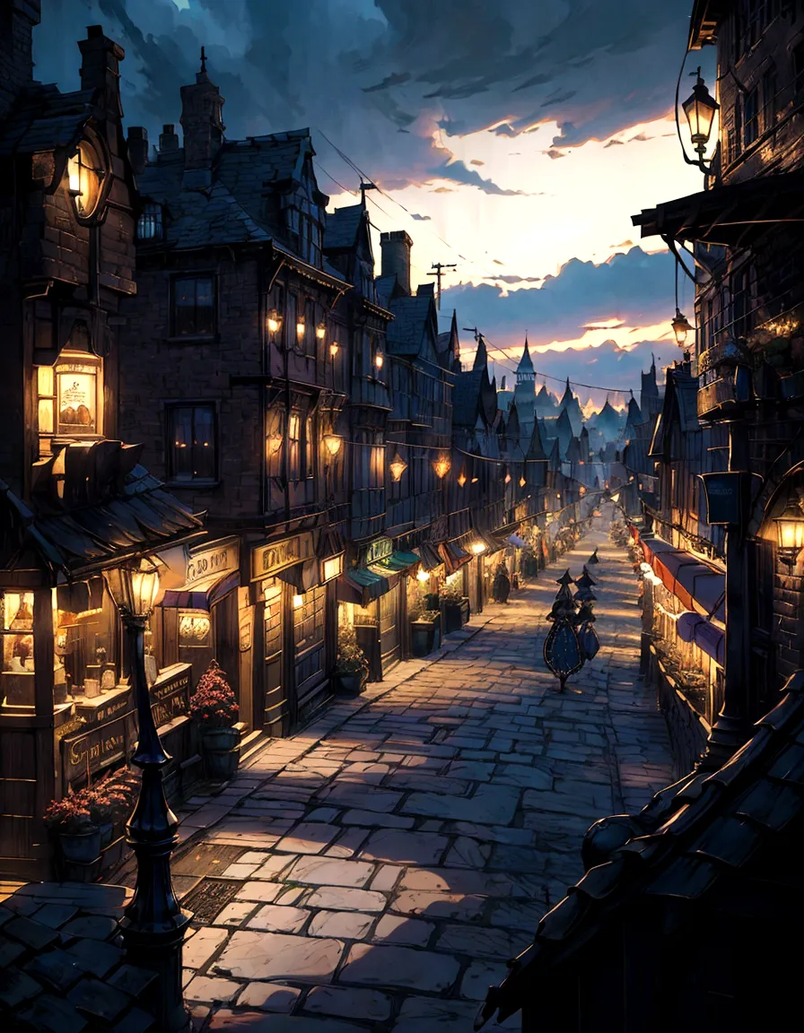 nighttime scene of a street with a restaurant and a couple of people, realistic photo of a town, victorian city, fantasy town se...