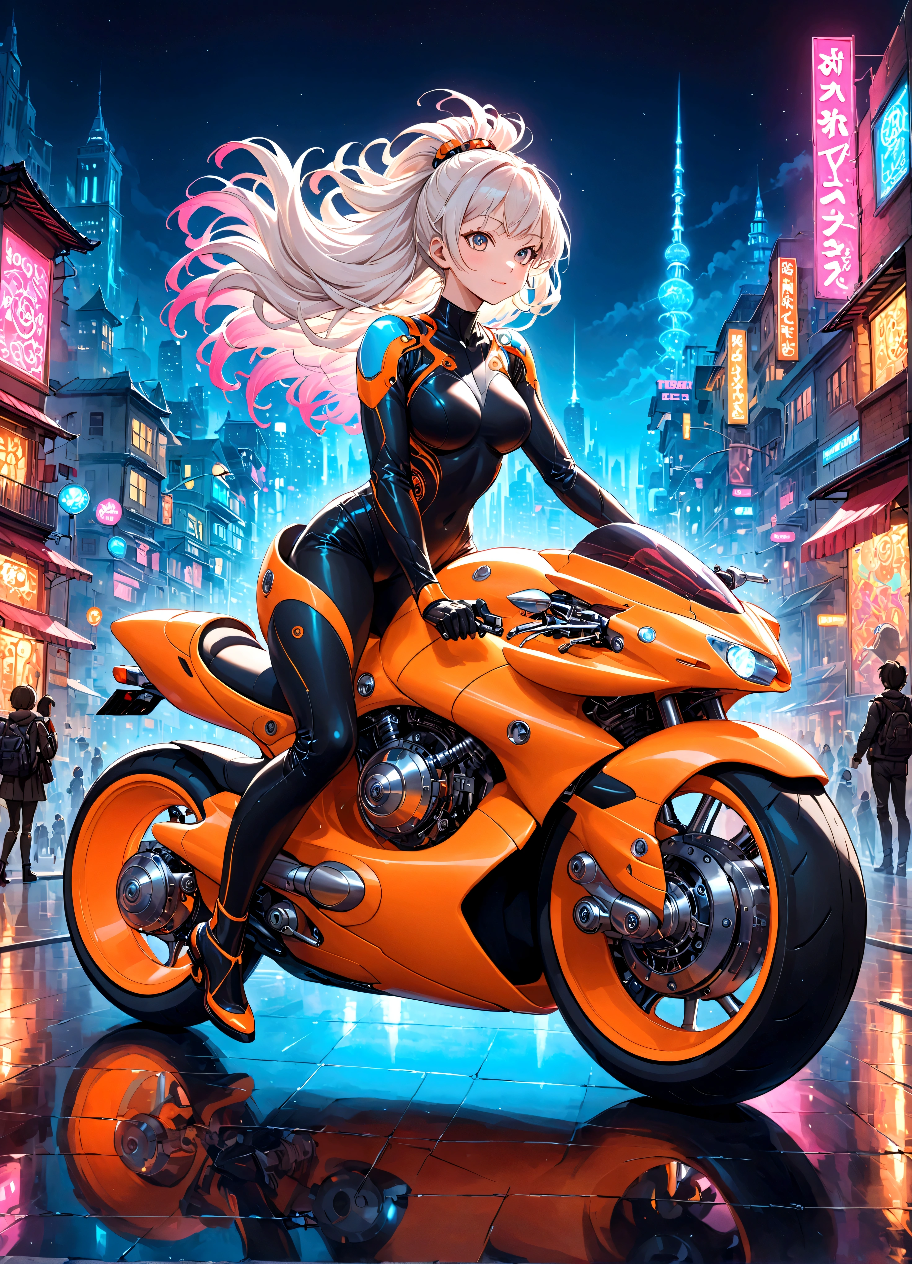 An intricately detailed and colorful motorcycle in the vibrant and imaginative style of Akira Toriyama. The motorcycle is futuristic, with sleek curves and a dynamic design, featuring bright and bold colors. The body is adorned with intricate mechanical parts, gears, and wires, all meticulously drawn with fine lines. The wheels are large and robust, with detailed tread patterns and glowing neon accents. Riding the motorcycle is a character with a joyful expression, wearing a cool outfit with elements of futuristic and whimsical design, reflecting Toriyama's unique style. The rider's hair flows in the wind, and their pose exudes excitement and adventure. The background is a lively cityscape with whimsical buildings and bustling streets, full of vibrant colors and imaginative details, reflecting a lively and adventurous atmosphere.,Structurally correct,Perfect Anatomy