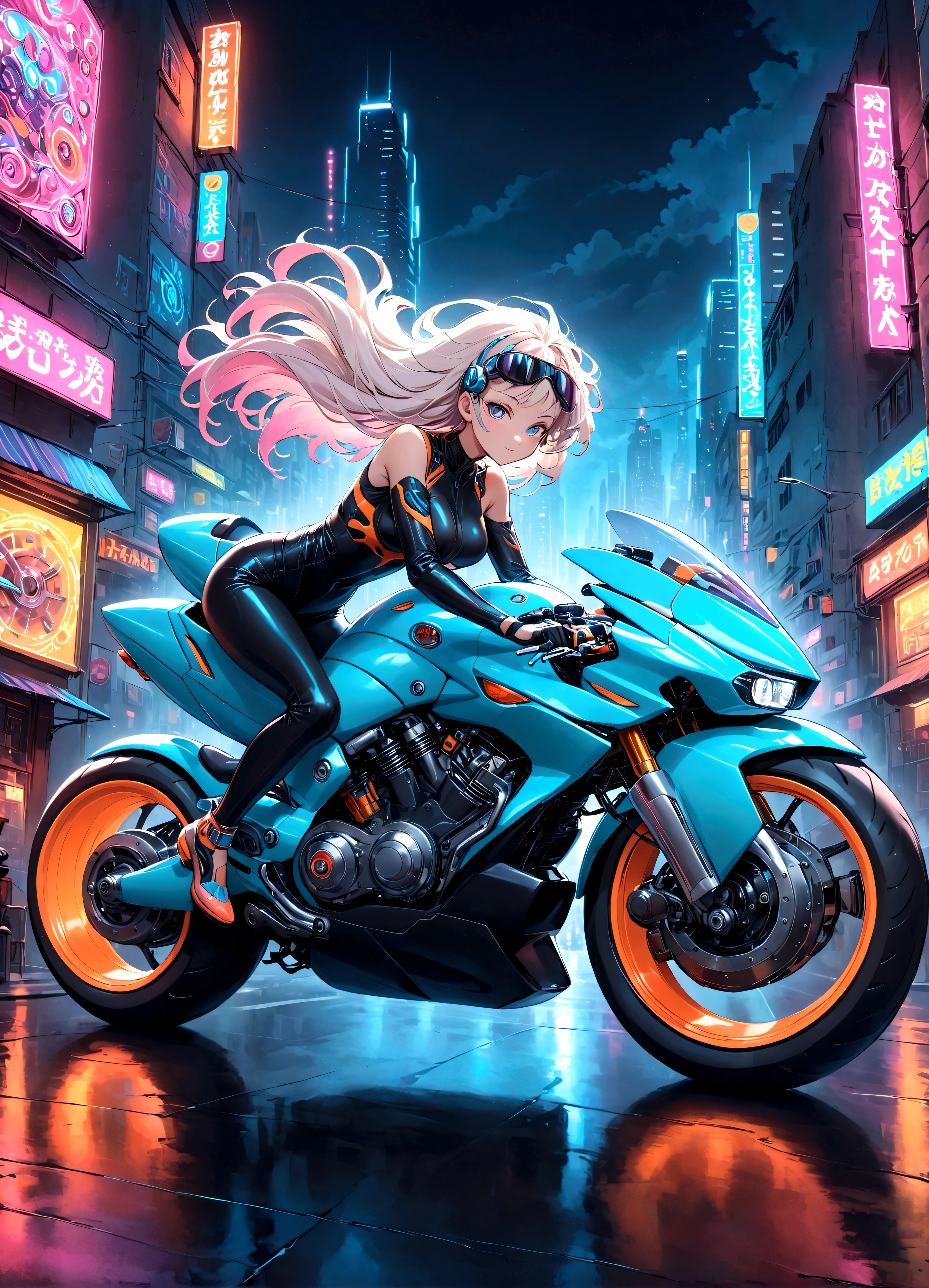 Une moto finement détaillée et colorée dans le style vibrant et imaginatif d&#39;Akira Toriyama. La moto est futuriste, avec des courbes épurées et un design dynamique, avec des couleurs vives et audacieuses. Le corps est orné de pièces mécaniques complexes, engrenages, et des fils, le tout méticuleusement dessiné avec des lignes fines. Les roues sont grandes et robustes, avec des motifs de bande de roulement détaillés et des accents néon brillants. Conduire la moto est un personnage avec une expression joyeuse, porter une tenue cool avec des éléments de design futuriste et fantaisiste, reflétant le style unique de Toriyama. Les cheveux du cavalier flottent au vent, et leur pose respire l&#39;excitation et l&#39;aventure. L&#39;arrière-plan est Cyberpunk City, plein de couleurs vibrantes et de détails imaginatifs, reflétant une atmosphère animée et aventureuse.,structurellement correct,Anatomie parfaite