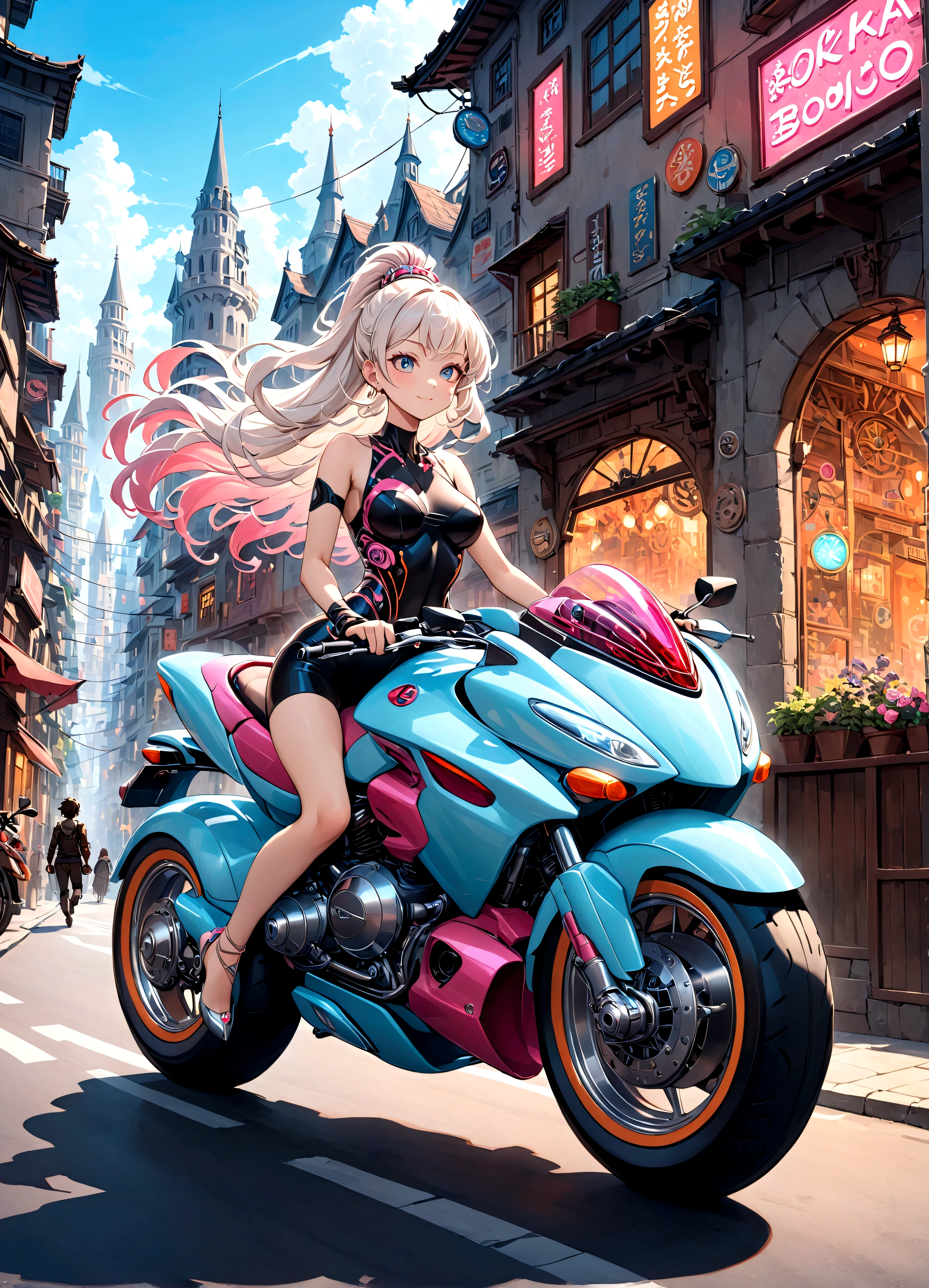 An intricately detailed and colorful motorcycle in the vibrant and imaginative style of Akira Toriyama. The motorcycle is futuristic, with sleek curves and a dynamic design, featuring bright and bold colors. The body is adorned with intricate mechanical parts, gears, and wires, all meticulously drawn with fine lines. The wheels are large and robust, with detailed tread patterns and glowing neon accents. Riding the motorcycle is a character with a joyful expression, wearing a cool outfit with elements of futuristic and whimsical design, reflecting Toriyama's unique style. The rider's hair flows in the wind, and their pose exudes excitement and adventure. The background is a lively cityscape with whimsical buildings and bustling streets, full of vibrant colors and imaginative details, reflecting a lively and adventurous atmosphere.,Structurally correct,Perfect Anatomy