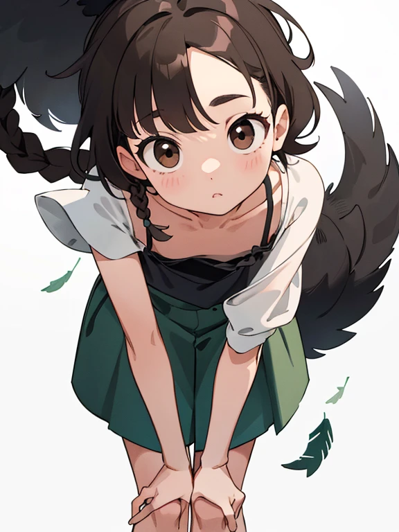 (Masterpiece:1.2, of the highest quality), (Very detailed:1.3), 1 girl, baby face，round face，big round eyes，very flat chest，short hair，black fur，closed brown eyes:1.2，very small short stature，very thin limbs， messy hair, braid, loose camisole, Leaning forward,  Long feather blouse,