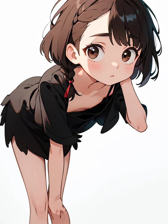 (Masterpiece:1.2, of the highest quality), (Very detailed:1.3), 1 girl, baby face，round face，big round eyes，very flat chest，short hair，black fur，closed brown eyes:1.2，very small short stature，very thin limbs， messy hair, braid, loose camisole, Leaning forward,  Long feather blouse,