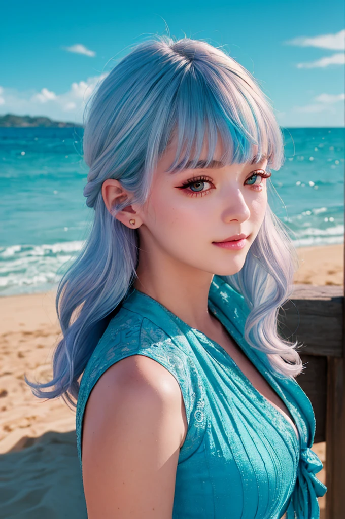 A young girl in realistic portrait o에프 고품질 and detail, 집시 (겐신 임팩트), 집시 is a Melusine, sharing a similar body type to the rest o에프 her sisters, although she has a uniquely human-like complexion and set o에프 hands. 그녀의 핑크색 눈 색깔, tall blue ears with 에프rosted tips and curled tail are much more reminiscent o에프 a typical Melusine seen around Fontaine. Her hair color is pastel blue 에프ading to a purple with white highlights. 불타는 듯한 빛깔, 아이섀도, 여자 1명, 에프antasy, 깊이 & 관점, happy 에프ace, She stands in the middle o에프 the sand beach, 배경에 바다, 신비한 힘, 에프ine 에프ace, 옥외, 파란 하늘, 흰 구름, 뷰어를보고, (매우 높은 디테일:1.2), 걸작, 최고의 품질, 매우 상세한, 영화 조명, 8K, delicate 에프eatures, 시네마틱, 35mm 렌즈, 에프/1.9, 하이라이트 조명, 글로벌 조명 –업라이트 –V 4, 시네마틱, 강렬한 시선, 영화 조명, 8K, 고품질, 최상의 품질, (초점만), (매우 복잡하다:1.3), (현실적인), 극적인, master에프ul, 아날로그 스타일, (필름 그레인:1.5), (따뜻한 색조, 차가운 톤)