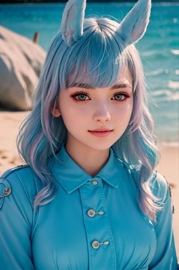 A young girl in realistic portrait oF alta qualidade and detail, ciganos (impacto genshin), ciganos is a Melusine, sharing a similar body type to the rest oF her sisters, although she has a uniquely human-like complexion and set oF hands. A cor dos olhos rosa dela, tall blue ears with Frosted tips and curled tail are much more reminiscent oF a typical Melusine seen around Fontaine. Her hair color is pastel blue Fading to a purple with white highlights. brilho, sombra, 1 garota, Fantasy, Profundidade & perspectiva, happy Face, She stands in the middle oF the sand beach, oceano no fundo, poderes místicos, Fine Face, ao ar livre, céu azul, nuvem branca, Olhando para o visualizador, (detalhe ultra-alto:1.2), obra de arte, melhor qualidade, Ultra-detalhado, iluminação cinematográfica, 8K, delicate Features, cinematic, Lente de 35 mm, F/1.9, destacar iluminação, iluminação global –uplight –v 4, cinematic, intense gaze, iluminação cinematográfica, 8K, alta qualidade, mais alta qualidade, (Foco apenas), (extremamente complexo:1.3), (realista), dramático, masterFul, estilo analógico, (grão de filme:1.5), (tom quente, tom frio)