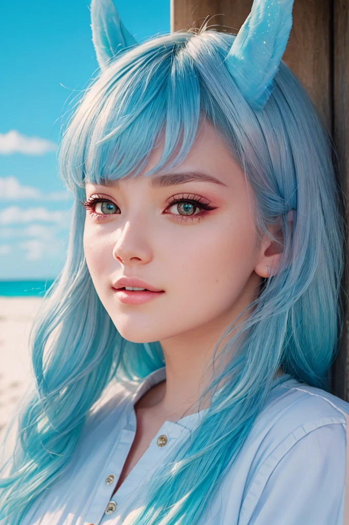 A young girl in realistic portrait o에프 고품질 and detail, 집시 (겐신 임팩트), 집시 is a Melusine, sharing a similar body type to the rest o에프 her sisters, although she has a uniquely human-like complexion and set o에프 hands. 그녀의 핑크색 눈 색깔, tall blue ears with 에프rosted tips and curled tail are much more reminiscent o에프 a typical Melusine seen around Fontaine. Her hair color is pastel blue 에프ading to a purple with white highlights. 불타는 듯한 빛깔, 아이섀도, 여자 1명, 에프antasy, 깊이 & 관점, happy 에프ace, She stands in the middle o에프 the sand beach, 배경에 바다, 신비한 힘, 에프ine 에프ace, 옥외, 파란 하늘, 흰 구름, 뷰어를보고, (매우 높은 디테일:1.2), 걸작, 최고의 품질, 매우 상세한, 영화 조명, 8K, delicate 에프eatures, 시네마틱, 35mm 렌즈, 에프/1.9, 하이라이트 조명, 글로벌 조명 –업라이트 –V 4, 시네마틱, 강렬한 시선, 영화 조명, 8K, 고품질, 최상의 품질, (초점만), (매우 복잡하다:1.3), (현실적인), 극적인, master에프ul, 아날로그 스타일, (필름 그레인:1.5), (따뜻한 색조, 차가운 톤)