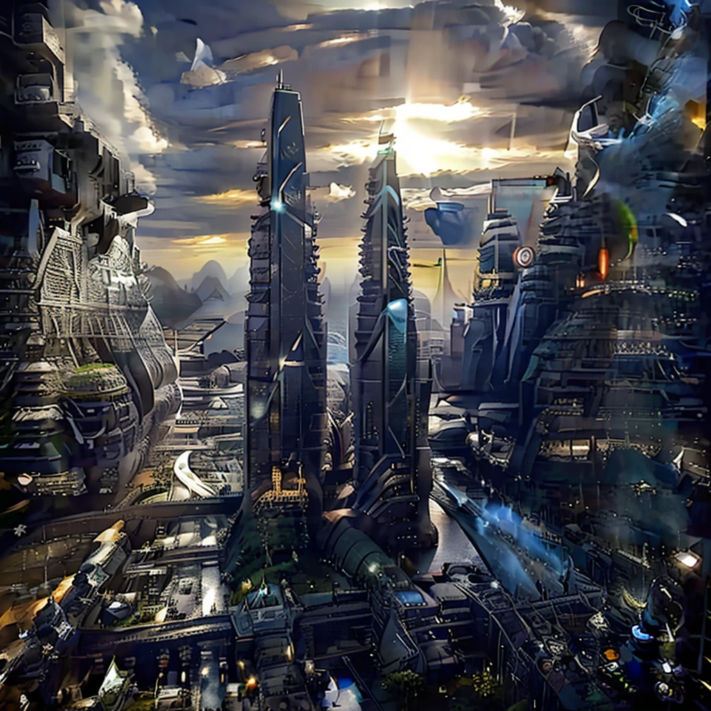 masterpiece, Maximum detail, highest degree of realism, maximum resolution. The Land of the Future, in the center are two futuristic skyscrapers made of steel and glass, shaped like pyramids. Airmobiles are flying around, from ordinary personal civilians, to special equipment: air taxi, aerial fire fighting, urgent Care, air police agromobile, cargo shuttles and multi-seat airbuses in the form of flying buses. Majestic mountains in the background, in the rays of the sunset, on the opposite side from the setting sun, rising full moon. Intergalactic shuttles take off against the background of mountains.