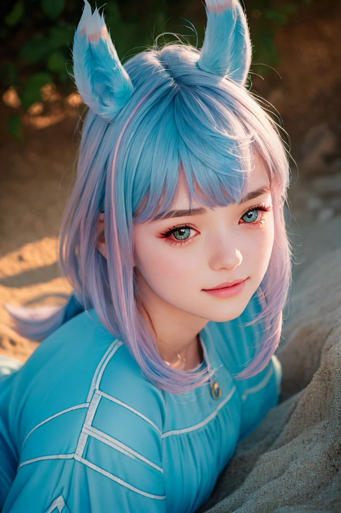 A young small girl in realistic portrait o에프 고품질 and detail, , 집시 (겐신 임팩트), 집시 is a Melusine, sharing a similar body type to the rest o에프 her sisters, although she has a uniquely human-like complexion and set o에프 hands. 그녀의 핑크색 눈 색깔, tall blue ears with 에프rosted tips and curled tail are much more reminiscent o에프 a typical Melusine seen around Fontaine. Her hair color is pastel blue 에프ading to a purple with white highlights. 불타는 듯한 빛깔, 아이섀도, 여자 1명, 에프antasy, 깊이 & 관점, happy 에프ace, She stands in the middle o에프 the sand beach, 배경에 바다, 신비한 힘, 에프ine 에프ace, 옥외, 파란 하늘, 흰 구름, 뷰어를보고, (매우 높은 디테일:1.2), 걸작, 최고의 품질, 매우 상세한, 영화 조명, 8K, delicate 에프eatures, 시네마틱, 35mm 렌즈, 에프/1.9, 하이라이트 조명, 글로벌 조명 –업라이트 –V 4, 시네마틱, 강렬한 시선, 영화 조명, 8K, 고품질, 최상의 품질, (초점만), (매우 복잡하다:1.3), (현실적인), 극적인, master에프ul, 아날로그 스타일, (필름 그레인:1.5), (따뜻한 색조, 차가운 톤)