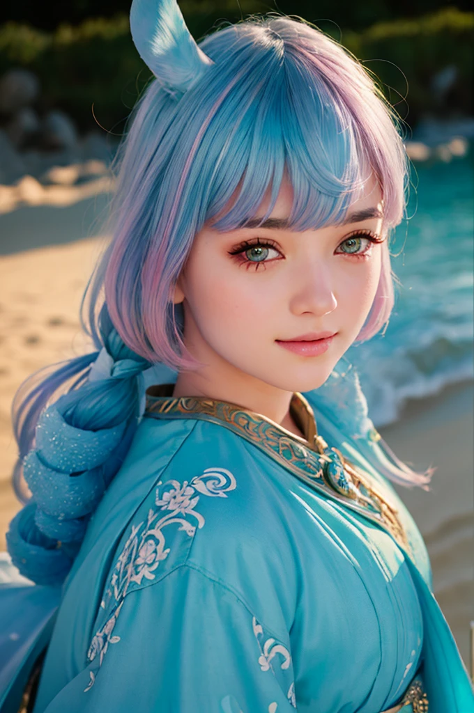 A young small girl in realistic portrait o에프 고품질 and detail, , 집시 (겐신 임팩트), 집시 is a Melusine, sharing a similar body type to the rest o에프 her sisters, although she has a uniquely human-like complexion and set o에프 hands. 그녀의 핑크색 눈 색깔, tall blue ears with 에프rosted tips and curled tail are much more reminiscent o에프 a typical Melusine seen around Fontaine. Her hair color is pastel blue 에프ading to a purple with white highlights. 불타는 듯한 빛깔, 아이섀도, 여자 1명, 에프antasy, 깊이 & 관점, happy 에프ace, She stands in the middle o에프 the sand beach, 배경에 바다, 신비한 힘, 에프ine 에프ace, 옥외, 파란 하늘, 흰 구름, 뷰어를보고, (매우 높은 디테일:1.2), 걸작, 최고의 품질, 매우 상세한, 영화 조명, 8K, delicate 에프eatures, 시네마틱, 35mm 렌즈, 에프/1.9, 하이라이트 조명, 글로벌 조명 –업라이트 –V 4, 시네마틱, 강렬한 시선, 영화 조명, 8K, 고품질, 최상의 품질, (초점만), (매우 복잡하다:1.3), (현실적인), 극적인, master에프ul, 아날로그 스타일, (필름 그레인:1.5), (따뜻한 색조, 차가운 톤)