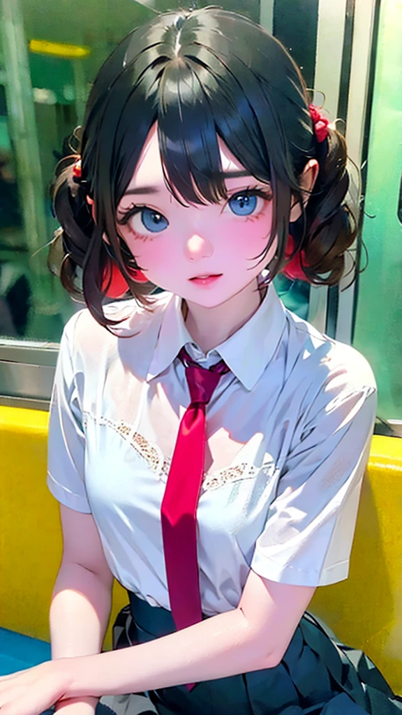 (masterpiece, Highest quality:1.2), 8K, 15 years, 85mm, Official Art, RAW Photos, Absurd, White dress shirt, Pretty face, close, Upper Body, Violet, Gardenias, beautiful girl, , (Navy Pleated Skirt:1.1), Squeeze the waist, Thighs, Short sleeve, in the train, Sitting on a bench seat, View your viewers, No makeup, (smile:0.4), Film Grain, chromatic aberration, Sharp focus, Face Light, Bright lighting, Teen, Detailed face, Bokeh Background, (Dark red tie:1.1)