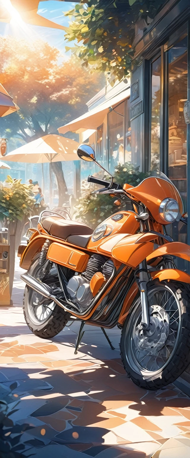 Very eye-catching off-road type handsome orange-colored motorcycle.Stop by the outdoor cafe.Surrounded by the dazzling afternoon sun, shadow and shade textures，The whole scene looks lazy and romantic, Effortlessly elegant aesthetics.。Cafe background.(masterpiece, best quality:1.2),art illustration，Abstract surreal colors,Clear and colorful.