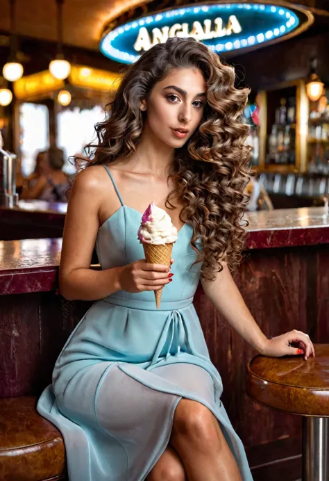 Italian girl with long curly brown hair, elegant dress sitting at a bar eating an ice cream, angular face